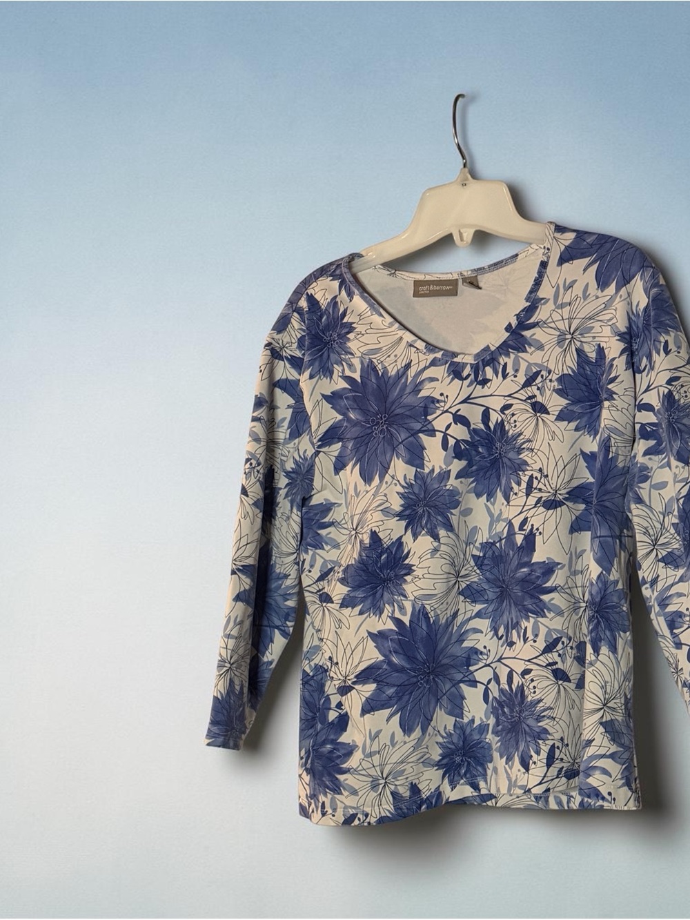 croft & barrow Cream Long-Sleeve Scoop Neck Top with Blue Floral Print